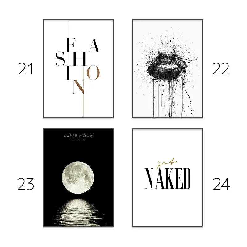 Minimalist black and white framed wall art prints featuring typography and abstract designs for pink aesthetic wall decor