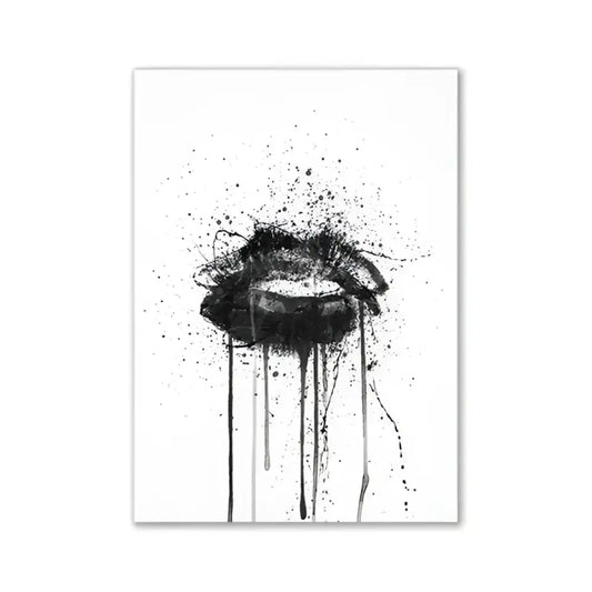 Black ink splatter lips art print with drips on white background in decorbites™ pink aesthetic wall art for girls bedroom