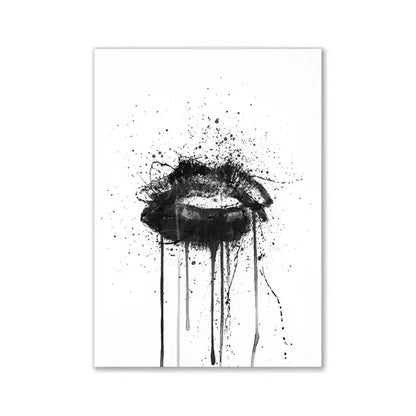 DecorBites™ pink aesthetic wall art print featuring black ink splatter lips with drips and speckles on white background