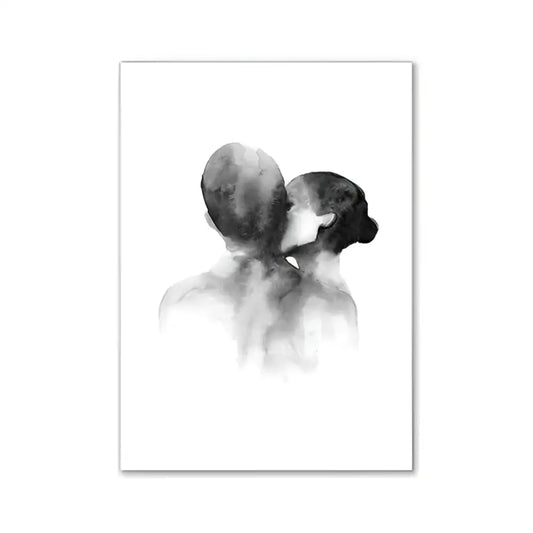 Black and white watercolor wall art print of two figures embracing for girl bedroom pink aesthetic decor by DecorBites™