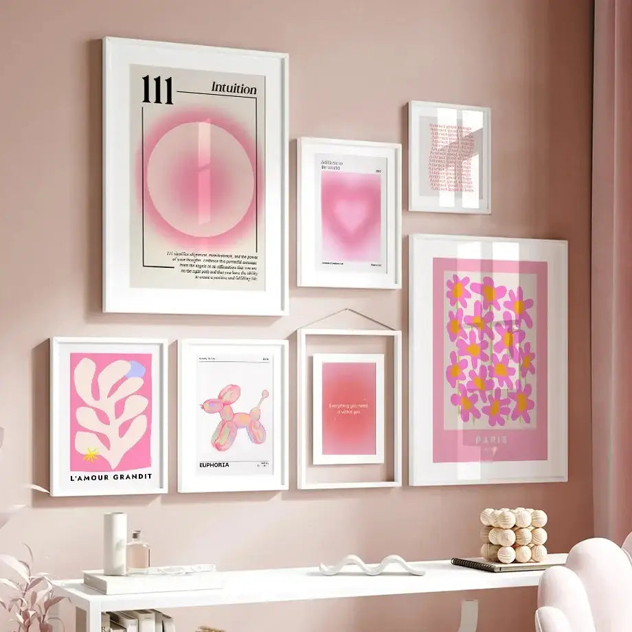 A collection of six pink angel number posters in minimalist white frames for elegant gallery wall art by DecorBites™