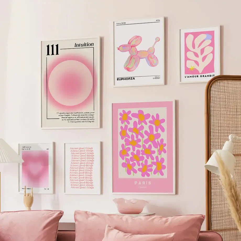 Decorbites™ pink angel number poster featuring vibrant pink blossoms with yellow centers in a white frame