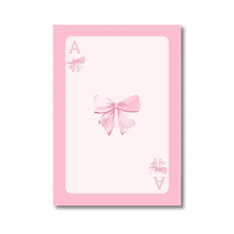 DecorBites pink bows wall art set features a delicate pink playing card with central and corner bow illustrations