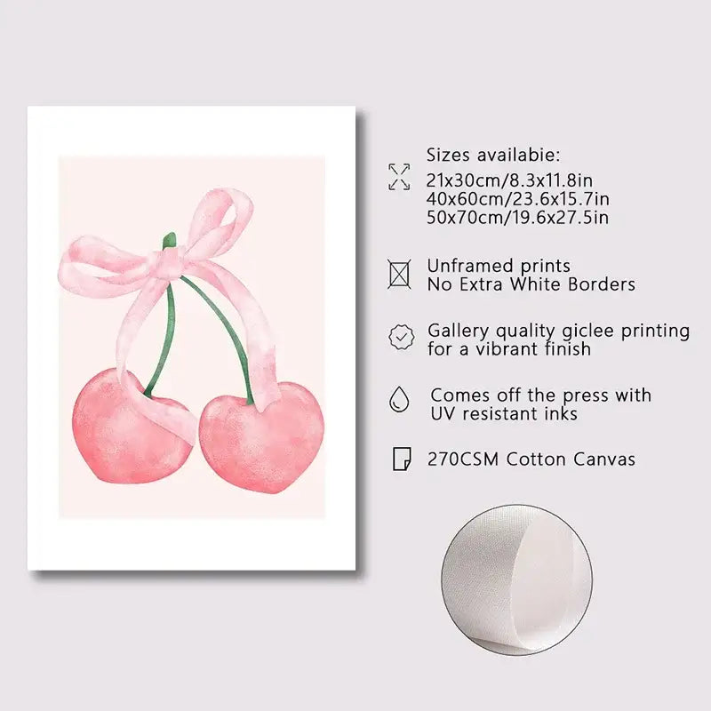 Decorbites pink bows wall art set featuring soft pink watercolor cherries on 270gsm cotton canvas print