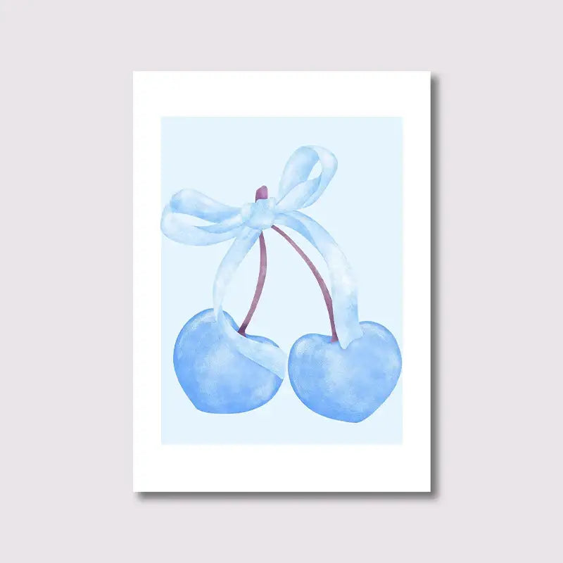 Decorbites™ pink bows wall art set featuring watercolor illustration of light blue heart-shaped cherries tied with ribbon bow
