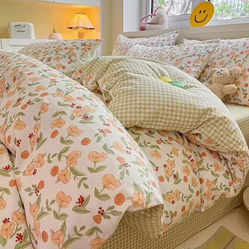 DecorBites™ pink floral bedding set queen size with cozy peach and green floral pattern and soft textured fabric finish