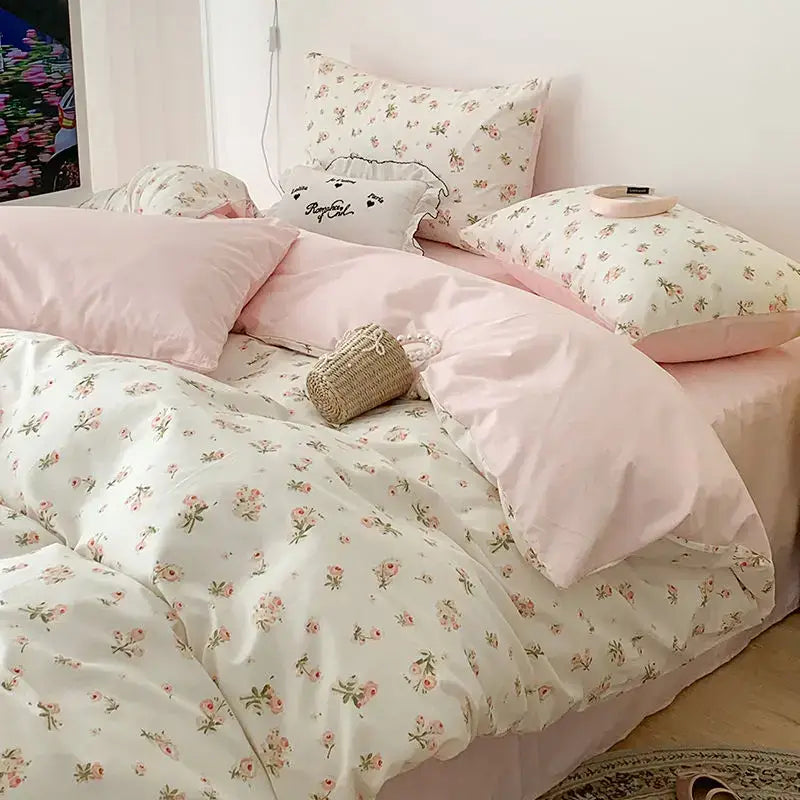 DecorBites pink floral bedding set queen size with floral duvet cover, matching pillowcases, and pink satin sheet