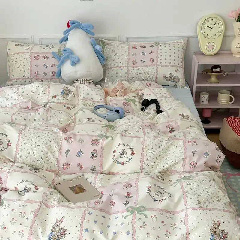Decorbites™ pink floral bedding set queen size pastel pink and cream patchwork duvet with floral rabbit and ribbon motifs
