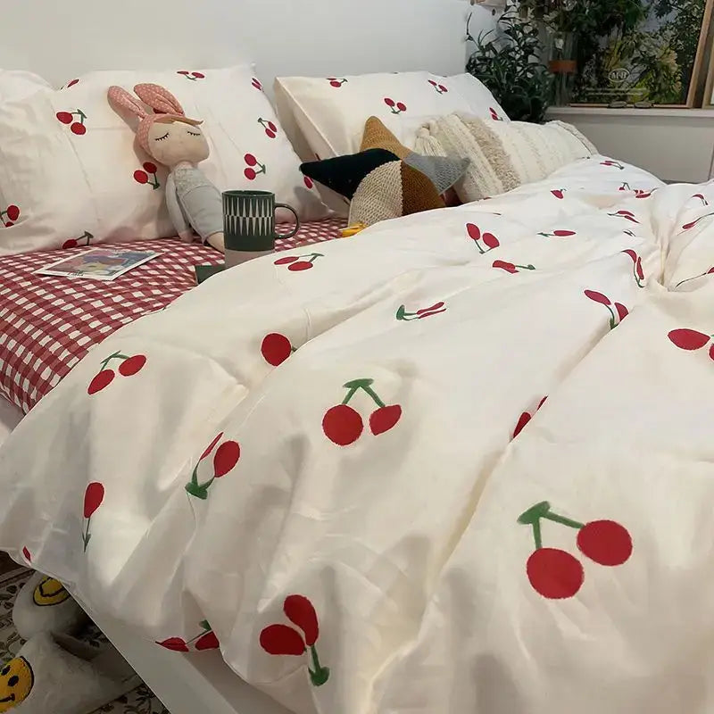 Decorbites™ pink floral bedding set queen size featuring white duvet cover with red and green cherry prints