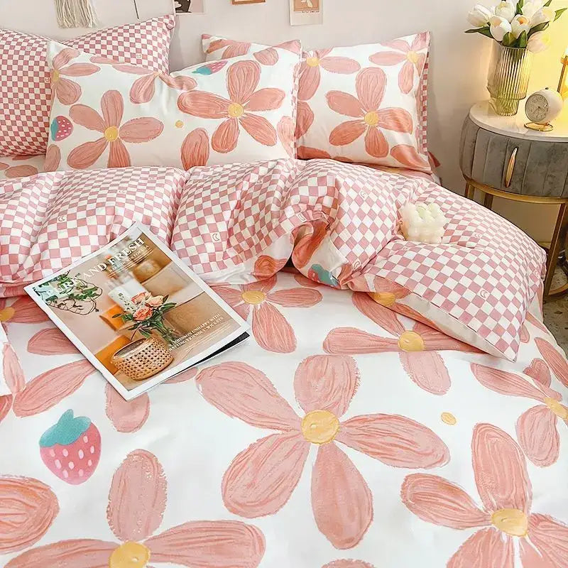 Decorbites™ pink floral bedding set queen size with pink and white floral patterned checkered design