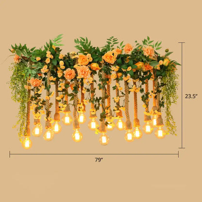 DecorBites pink flower pendant light with hanging orange roses and greenery on hemp rope for dining room lighting