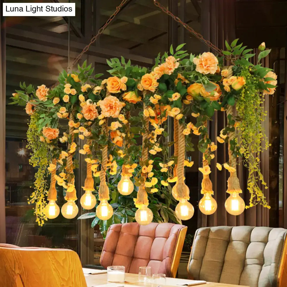 Decorbites pink flower and vine hemp rope pendant light with orange roses for dining room cottage island lighting
