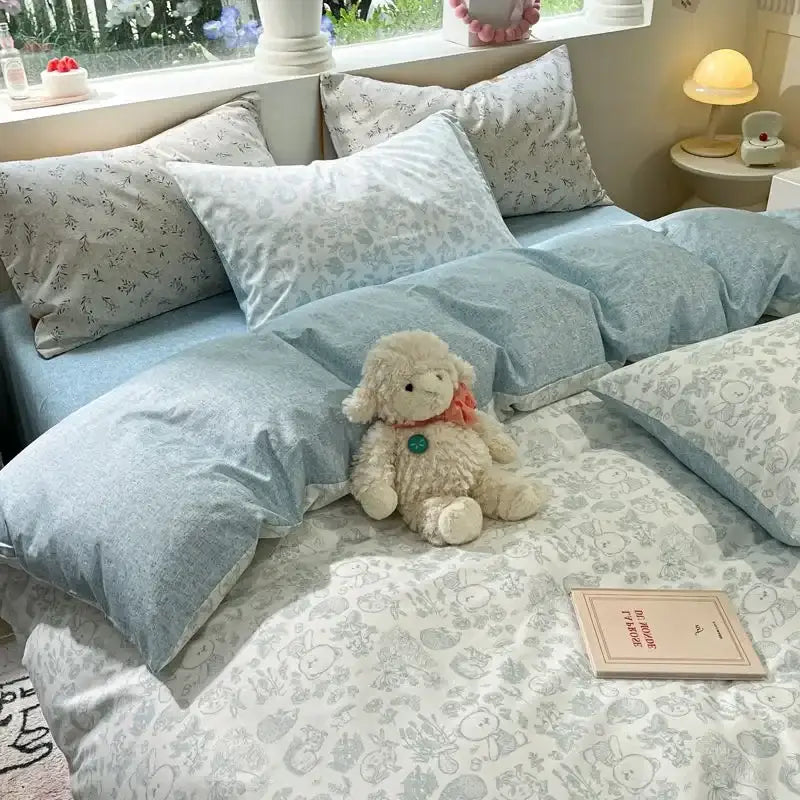 Soft blue velvet duvet cover set with delicate gray floral patterns and pink flowers for boys and girls by DecorBites