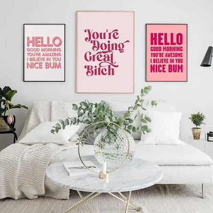 DecorBites pink makeup funny quote art poster with a clear glass vase holding green eucalyptus branches and gold accents