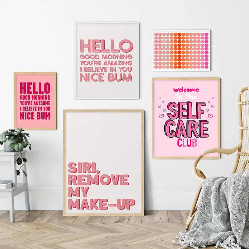 Decorbites pink makeup funny quote art poster featuring bold playful typography in wooden frames as quote art poster