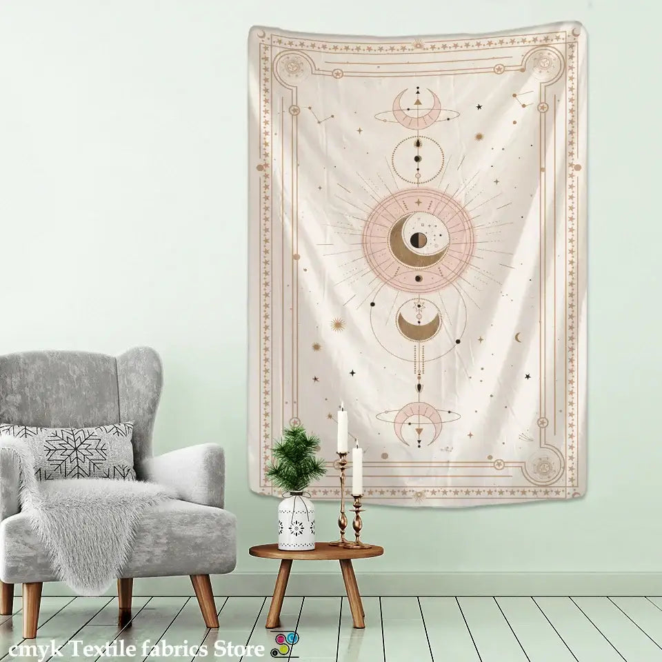 A soft cream-colored pink planet tarot tapestry with rose gold celestial designs for boho home decor