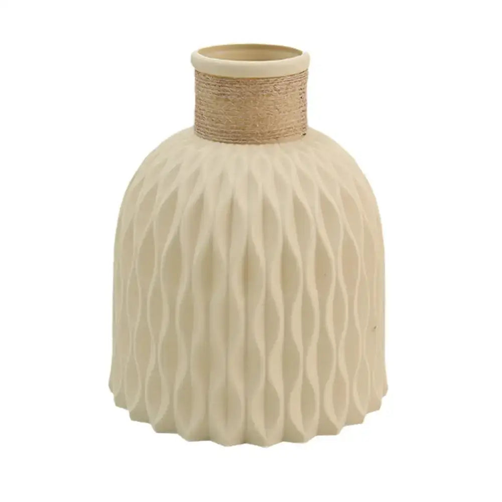 Cream-colored ceramic DecorBites™ flower arrangement vase with textured waves and natural rope band for plastic vase decor