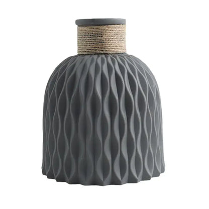 DecorBites™ gray ceramic flower arrangement vase with textured surface and natural twine rope plastic vase band