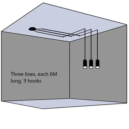 Three black metal hooks 6 meters long arranged in parallel lines for decorbites™ plug-in hanging lights installation