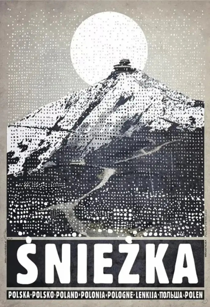 Black and white halftone canvas wall art featuring snow capped śnieżka mountain with full moon poland city landmarks