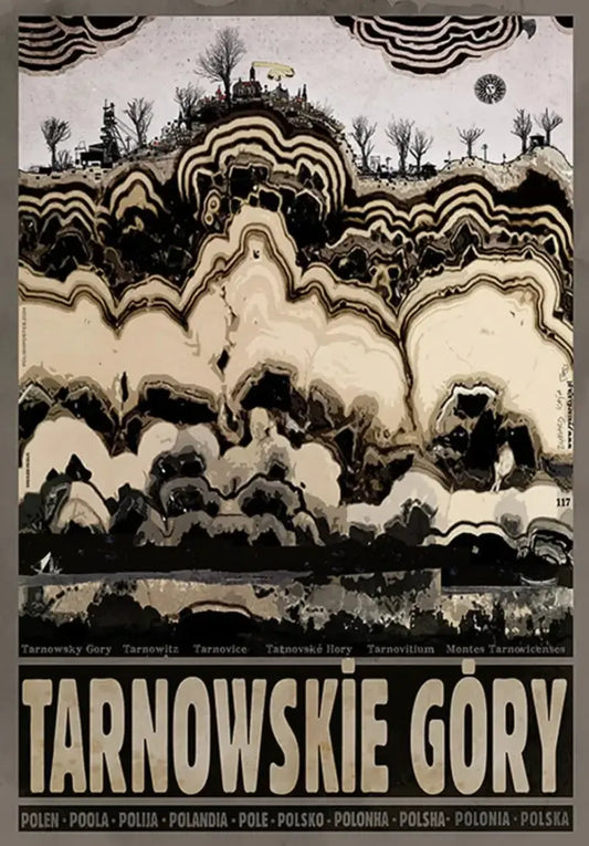 Vintage-style poland city poster with black and cream waves and stylized trees on canvas for home decor
