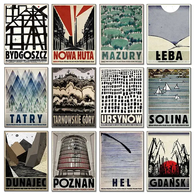 Set of nine vintage style poland city posters in bold colors as canvas wall art by decorbites™