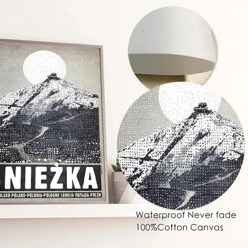 DecorBites™ poland city vintage canvas prints with black and white dotted snowy mountain and full moon in gray wood frame