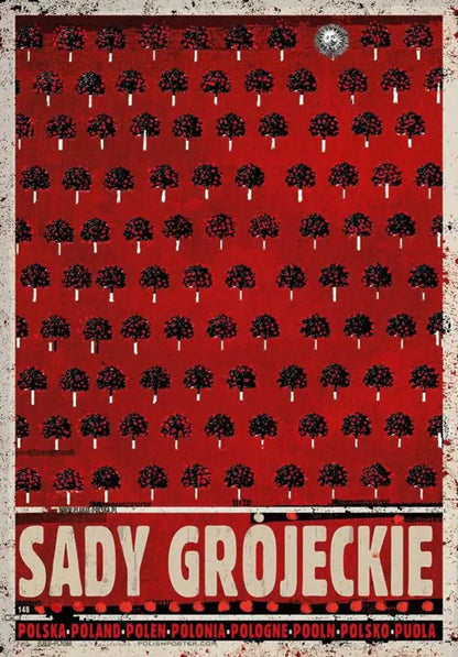 Red poster with black stylized trees and cream sady grojeckie text on canvas print for poland city vintage decor