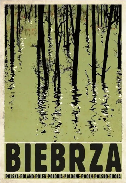 Vintage-style decorbites poland city posters canvas prints with bold black lettering and tree silhouettes on olive green background