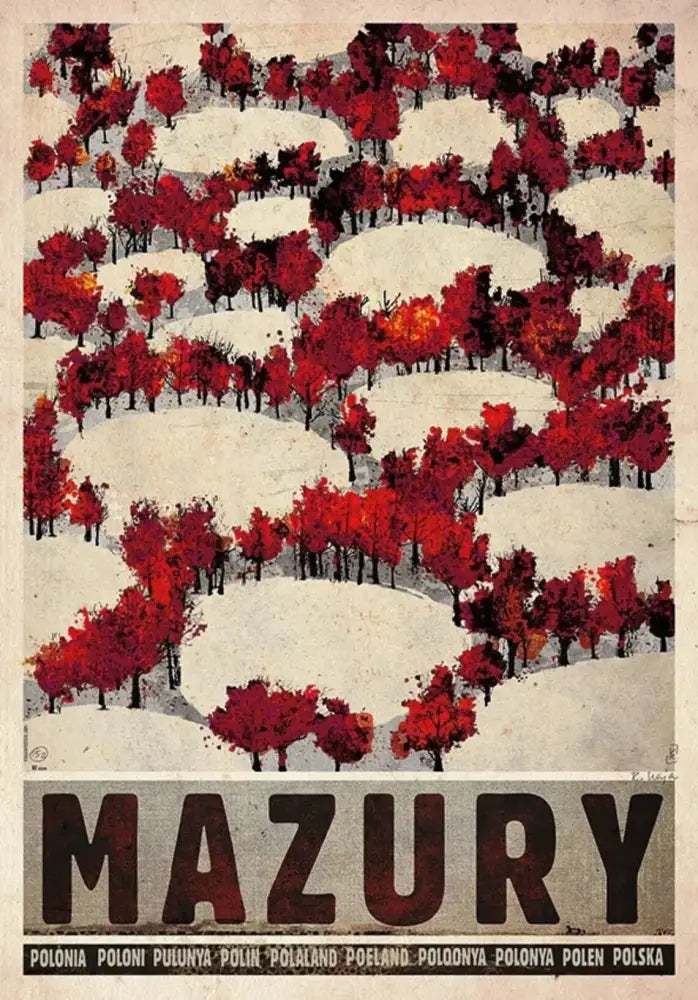 Stylized vintage poland city canvas prints featuring bold red autumn trees and snowy hills with mazury lettering