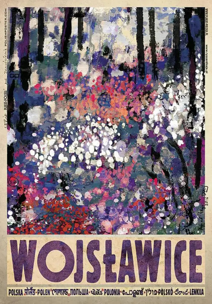 Vibrant abstract floral canvas prints with bold purple pink and white blossoms and dark tree silhouettes poland city vintage