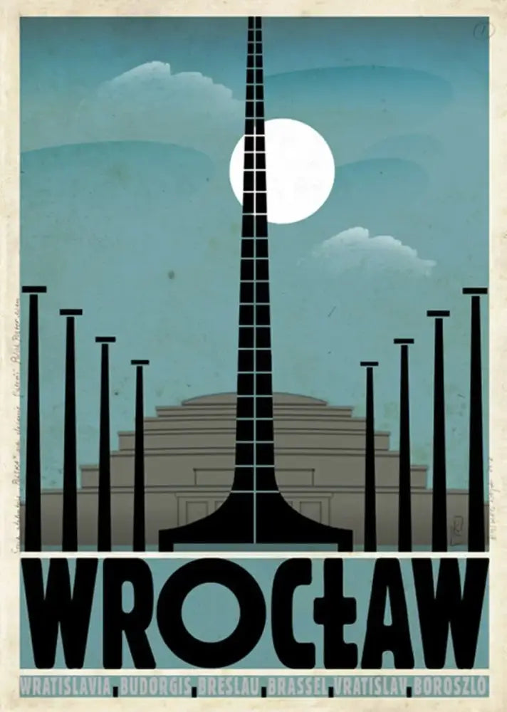 Stylized black and gray illustration of wrocławs iconic tower and buildings on canvas vintage posters wall art poland city