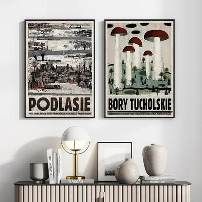 Two framed decorbites™ vintage posters on canvas featuring poland city landscapes podlasie and bory tucholskie wall art