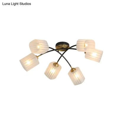 Decorbites™ post modern brass ceiling light with six frosted glass semi-flush mount shades on black metal frame