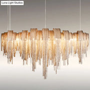 DecorBites postmodern aluminum tassel pendant lighting with 10 bulbs and cascading golden glass shards ceiling light