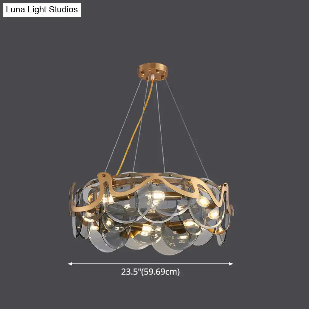 DecorBites™ postmodern circle pendant light with gold-toned metal frame and clear glass discs LED incandescent fluorescent fixture