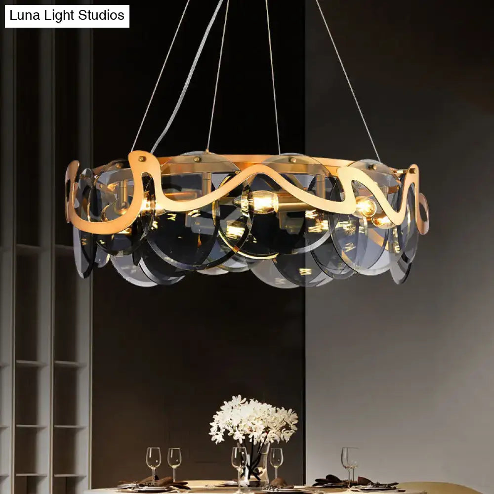 Decorbites™ postmodern circle pendant light with gold brass frame and layered glass discs for restaurant or island use light fixture