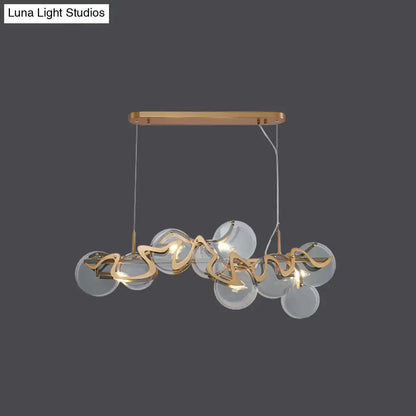 Decorbites postmodern circle pendant light with gold brass arms and glass spheres on wooden ceiling mount light fixture