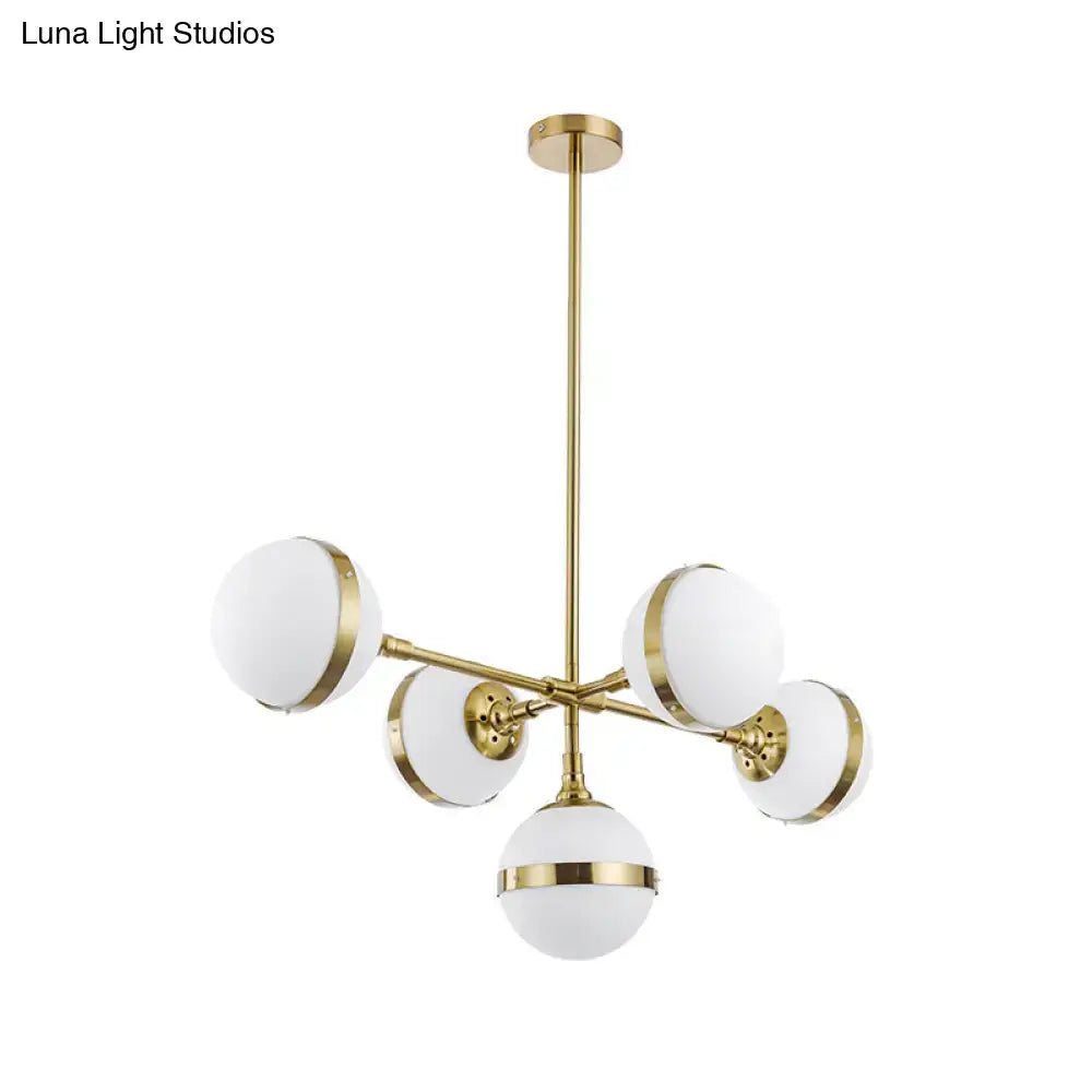 Decorbites postmodern gold branch pendant light with five white ball glass frosted globe shades and metallic rings