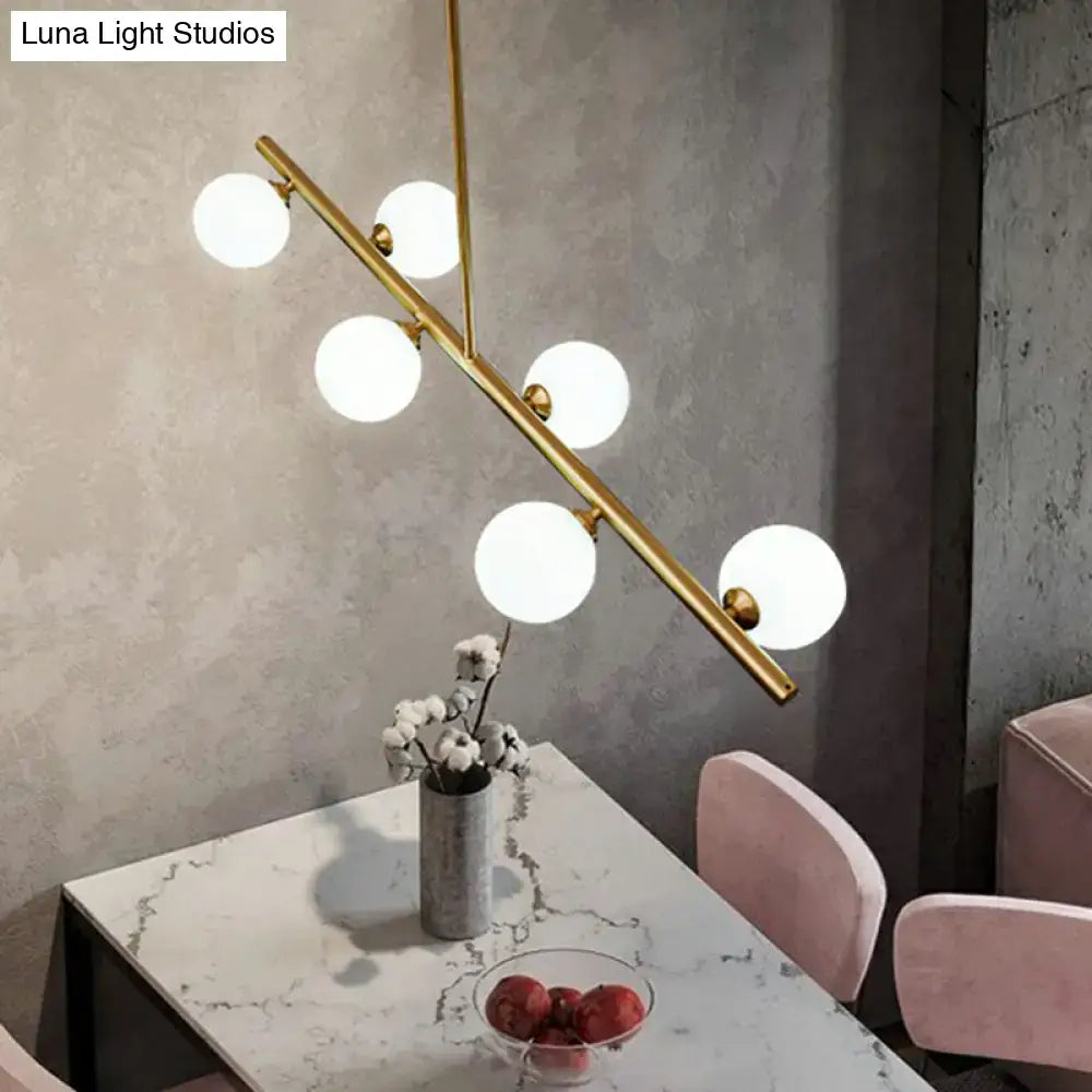 Decorbites™ postmodern linear island lamp pendant light with six white glass globes in brass for dining room lighting