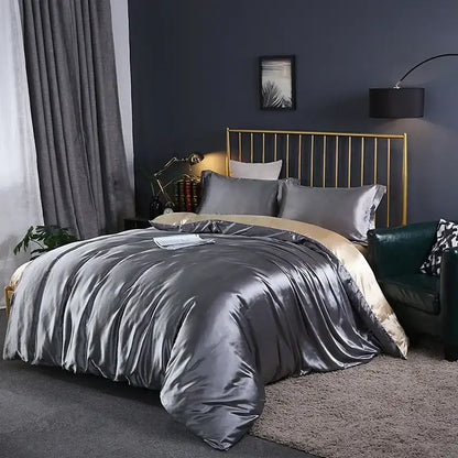 A metallic gray satin duvet cover with subtle gold lining from DecorBites™ pcs suitable for premium bedding sets