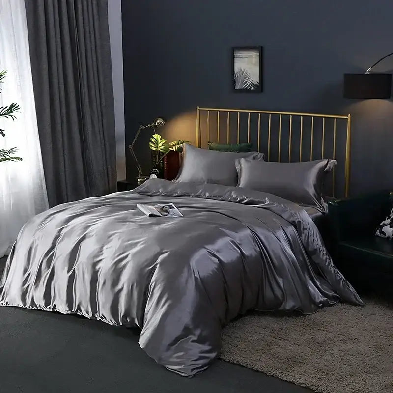 Silk gray satin duvet cover set with matching pillowcases from DecorBites™ featuring smooth lustrous finish pcs suitable