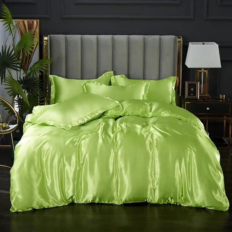Luminous lime green satin decorbites premium bedding set with glossy duvet cover bed sheet and matching pillows for width bed
