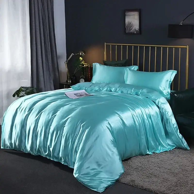 Turquoise satin DecorBites™ premium bedding set with matching pillows features a glossy smooth duvet cover and bed sheet