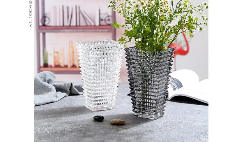 Decorbites premium crystal glass vases with textured grid pattern in clear and black for elegant home décor