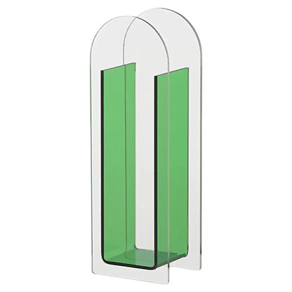 Modern acrylic flower vase with rainbow color vibrant green panels and nordic style transparent arched sides