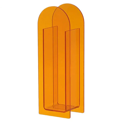Orange translucent acrylic bookend with modern arched design complementing nordic style and rainbow color flower vase decor