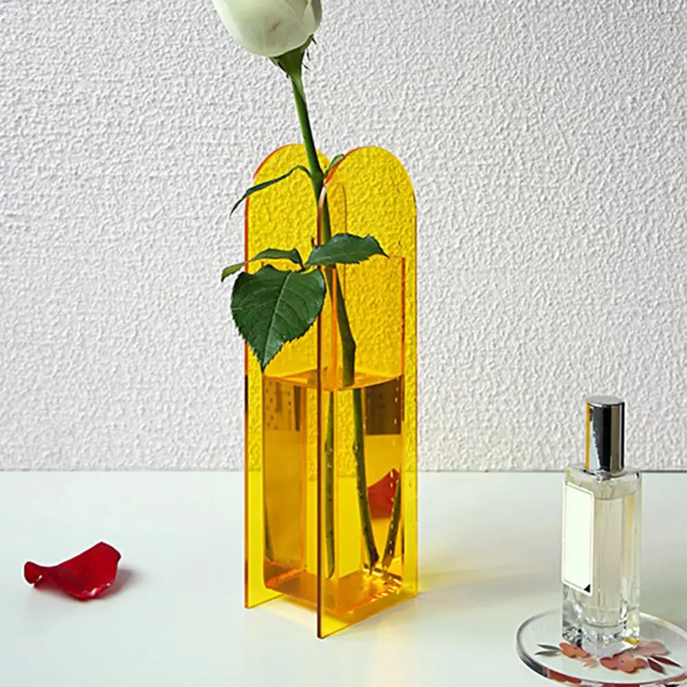 DecorBites™ rainbow color translucent yellow acrylic flower vase in nordic style holding a single white rose