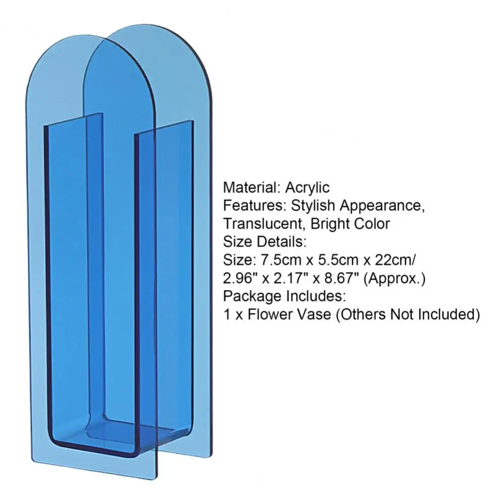 A translucent blue rainbow color acrylic flower vase with a modern arched design in nordic style decorbites