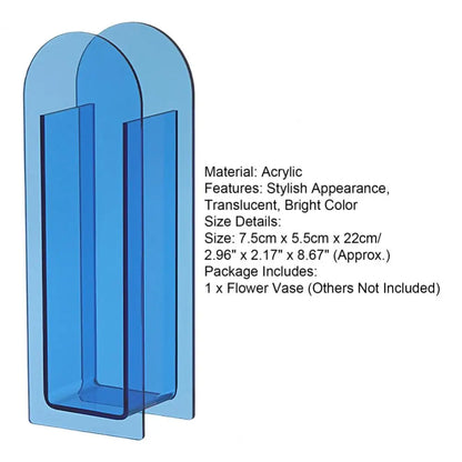 A translucent blue rainbow color acrylic flower vase with a modern arched design in nordic style decorbites